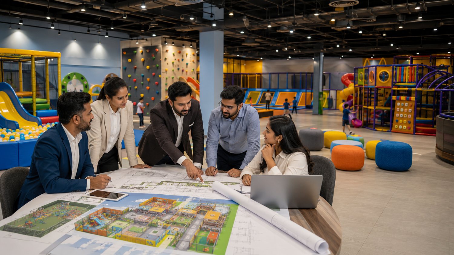 Aryan Amusements team planning a play zone layout over floor plans