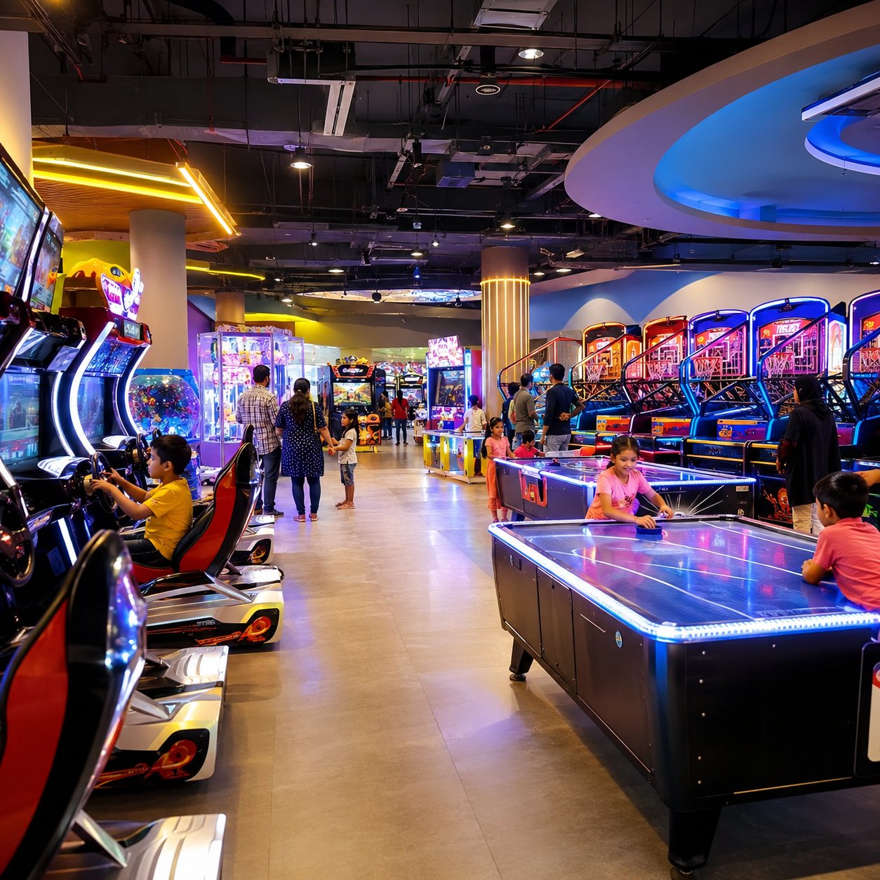 Arcade and game zone with racing simulators and redemption machines