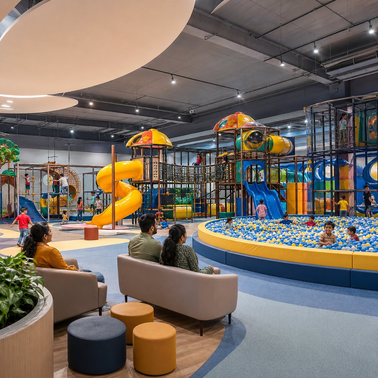 Custom indoor playground with multi-level structures and ball pit