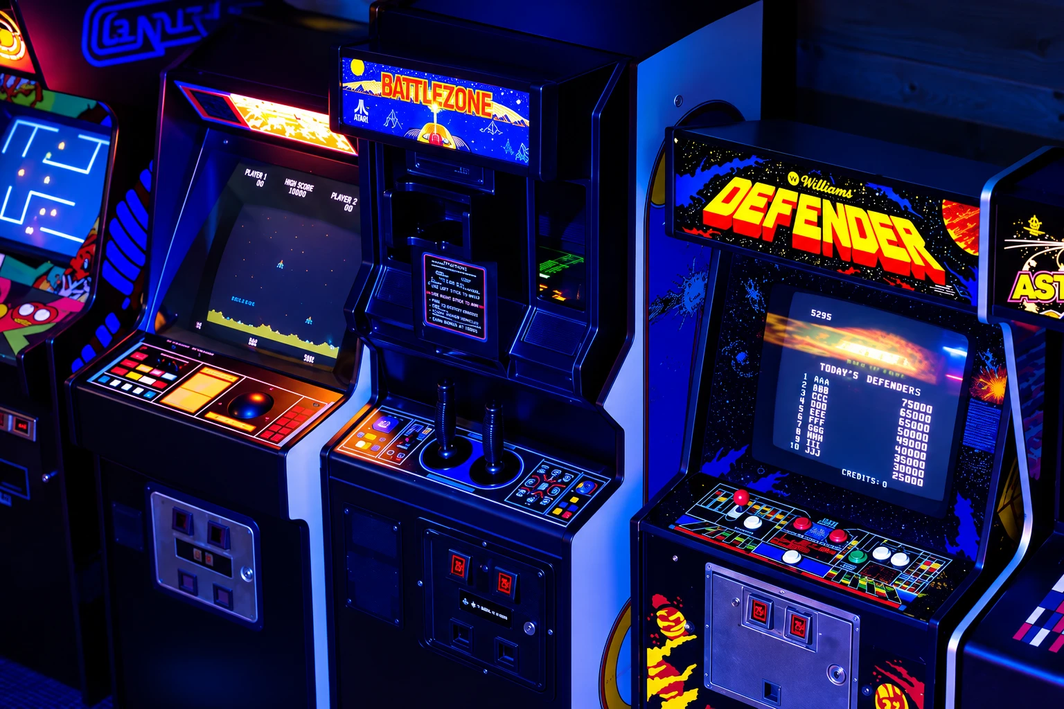 Row of commercial arcade game cabinets in a game zone