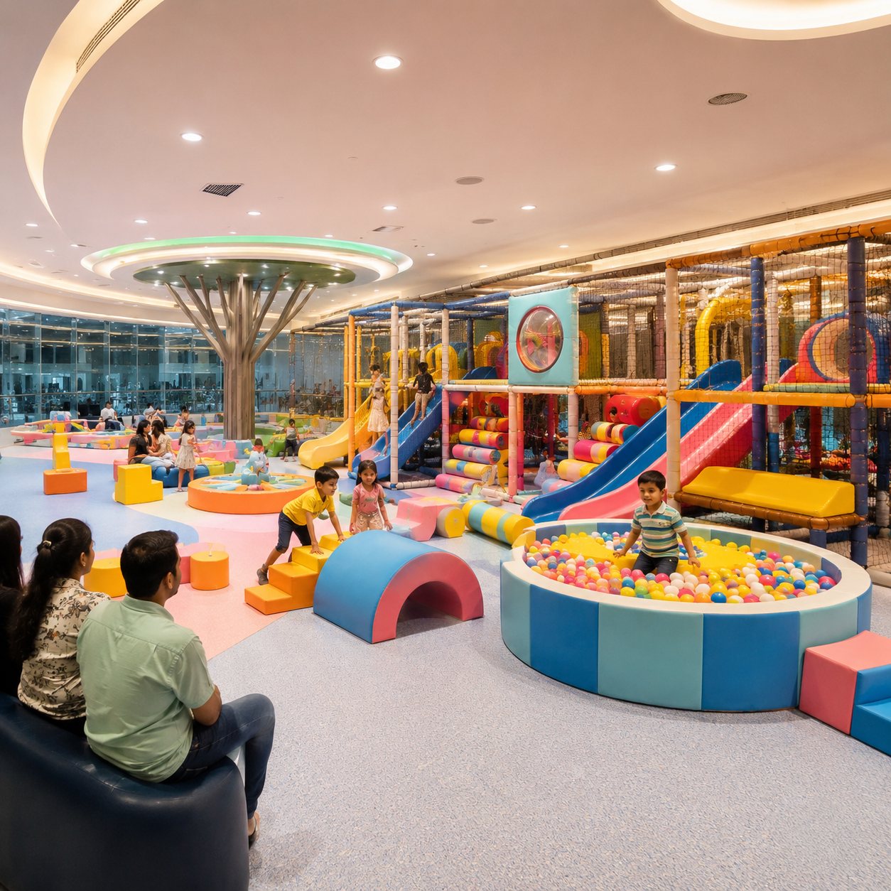Toddler-safe soft play area with slides and ball pool