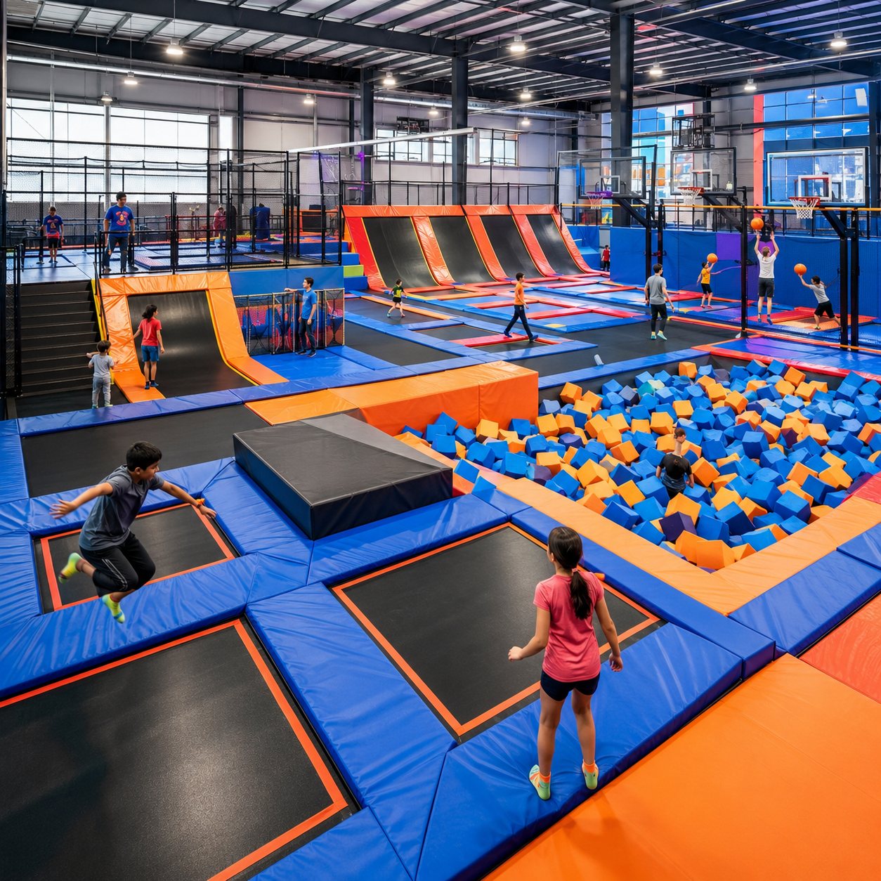 Indoor trampoline park with foam pit and angled walls